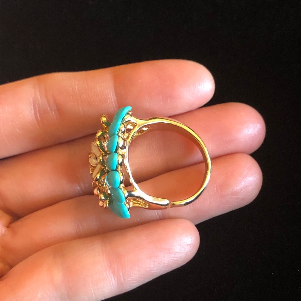 Floral Turquoise Like Blue Color and Gold Tone Women's Ring - Picture 9 of 11